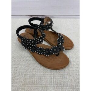 Atalina Women's Black Flower Embellished Ankle Strap Thong Sandals Size 8.5